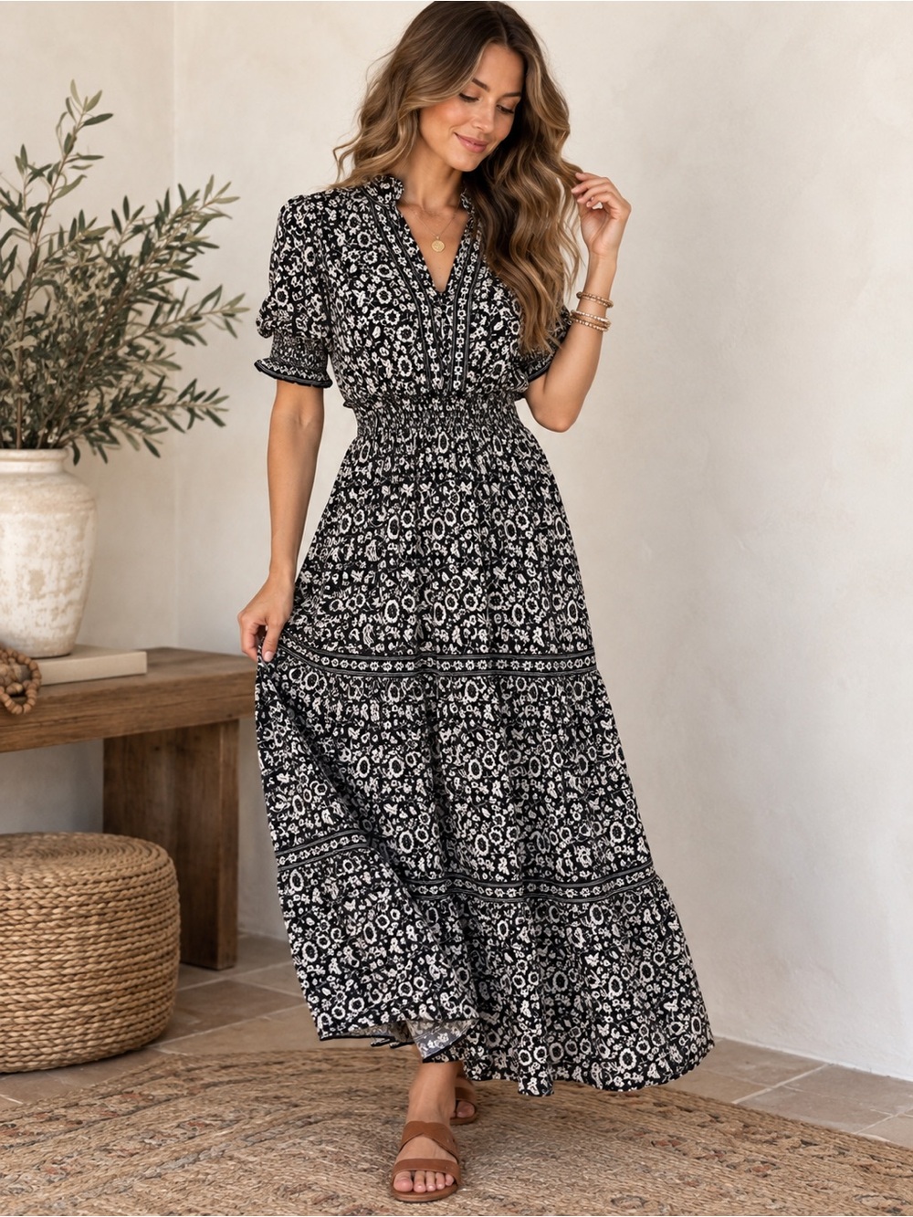 Max Studio Black White Floral Smocked Waist Maxi Dress NWT Size M